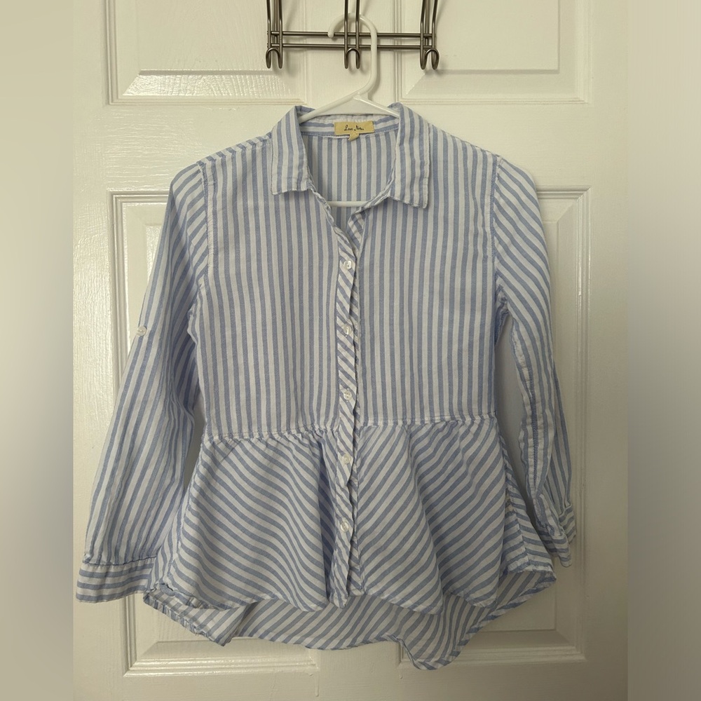 Love Notes Light Blue and White Striped Peplum Button-Down Shirt